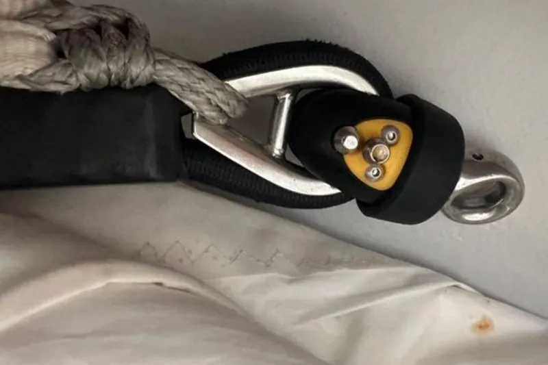 Halcyon Yacht Photos Pics Close-up of a 2024 Fountaine Pajot Aura 51 Catamaran rigging detail.