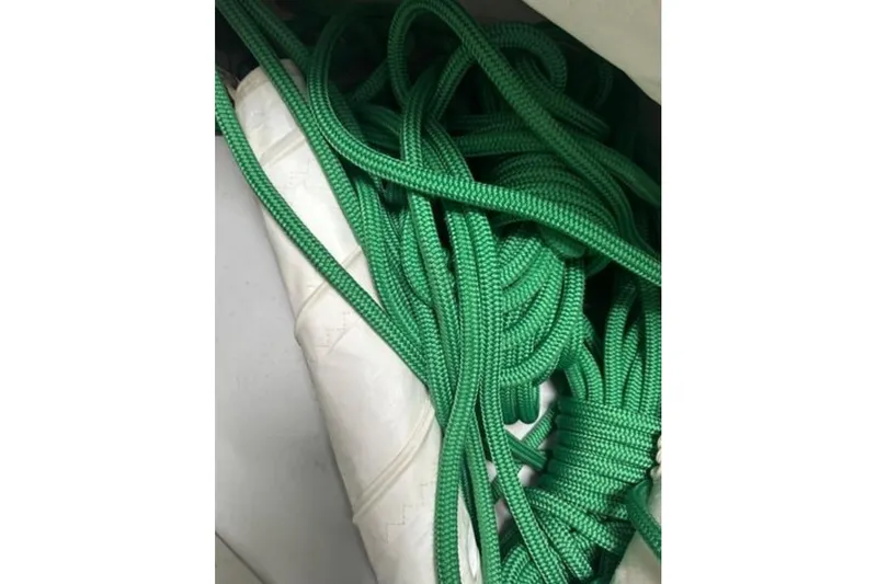 Halcyon Yacht Photos Pics Green ropes on a 2024 Fountaine Pajot Aura 51 Catamaran.