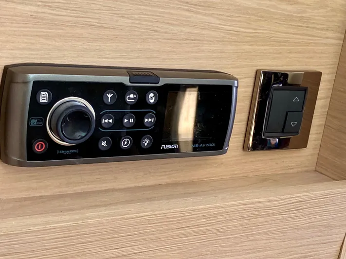 Revenant Yacht Photos Pics Fusion marine stereo system on Monte Carlo MC5S yacht, 2015 model, with control panel.