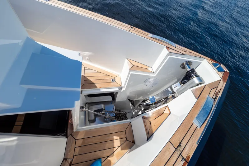  Yacht Photos Pics Fjord 44 Open 2020 yacht anchor system with teak deck, viewed from above.