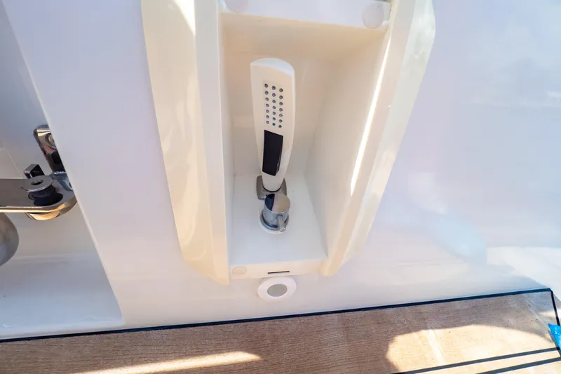  Yacht Photos Pics Built-in shower handle on 2020 Fjord 44 Open yacht deck.