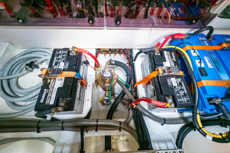 Yacht Photos Pics Engine compartment of 2020 Fjord 44 Open with batteries and wiring.