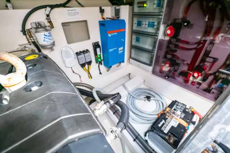  Yacht Photos Pics Engine room of a 2020 Fjord 44 Open boat, showcasing electrical components and wiring.