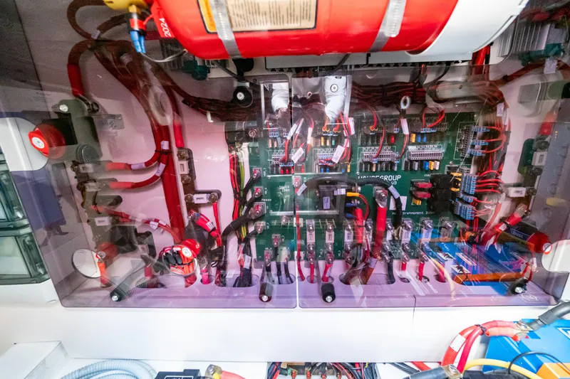  Yacht Photos Pics Electrical system of a 2020 Fjord 44 Open boat, showcasing wiring and components.