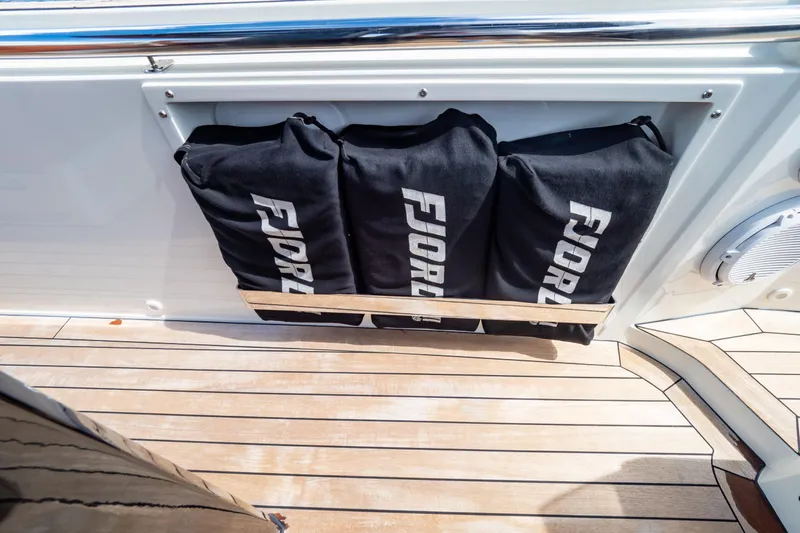  Yacht Photos Pics Fjord 44 Open 2020 boat deck with branded storage bags.
