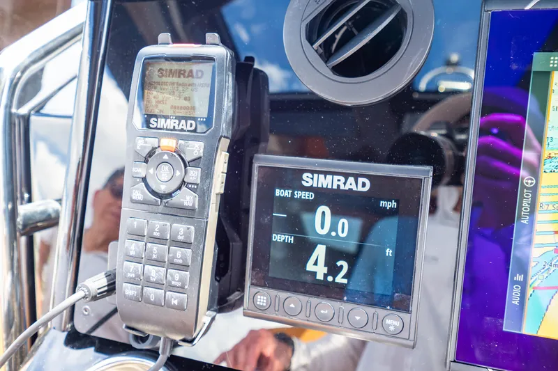  Yacht Photos Pics Simrad marine electronics on a 2020 Fjord 44 Open, displaying boat speed and depth.