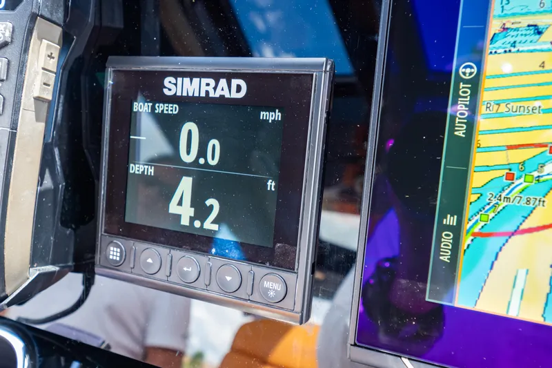  Yacht Photos Pics Simrad display on 2020 Fjord 44 Open showing boat speed and depth readings.
