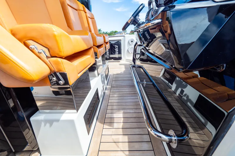  Yacht Photos Pics Luxury seating and sleek design on 2020 Fjord 44 Open yacht deck.