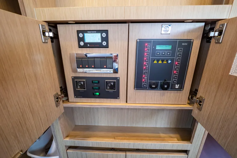  Yacht Photos Pics Electrical control panel inside 2020 Fjord 44 Open yacht, featuring modern switches and displays.