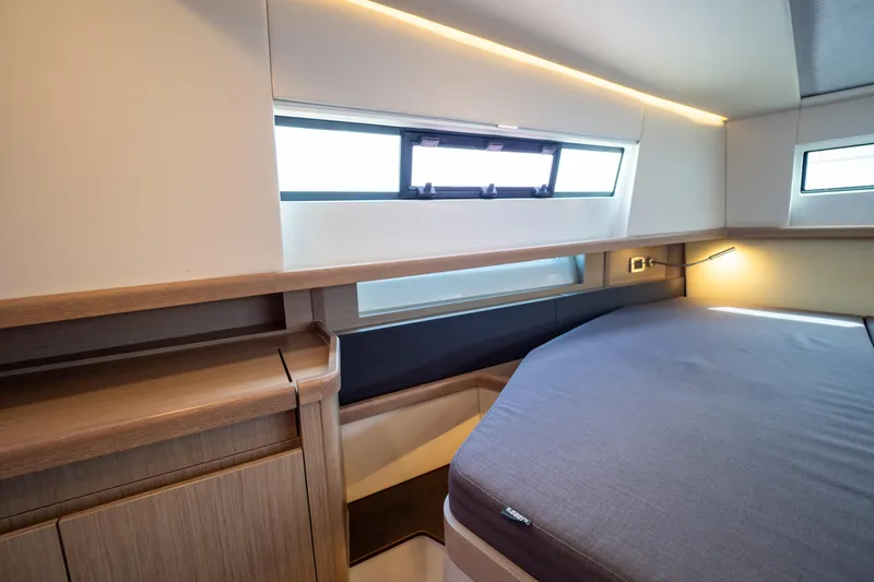  Yacht Photos Pics Modern interior cabin of 2020 Fjord 44 Open yacht with sleek design and ambient lighting.