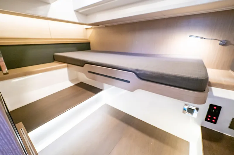  Yacht Photos Pics 2020 Fjord 44 Open cabin interior with modern bed and ambient lighting.