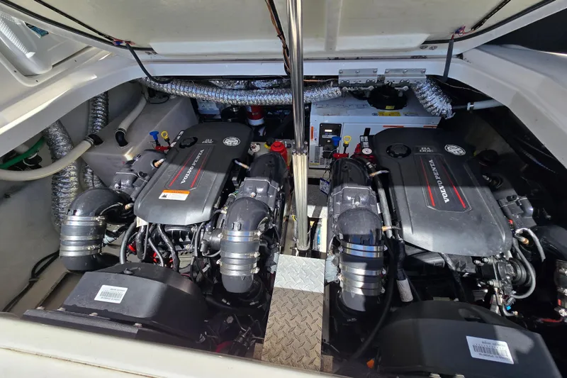  Yacht Photos Pics Engine compartment of a 2018 Regal 35 Sport Coupe with Volvo Penta engines.
