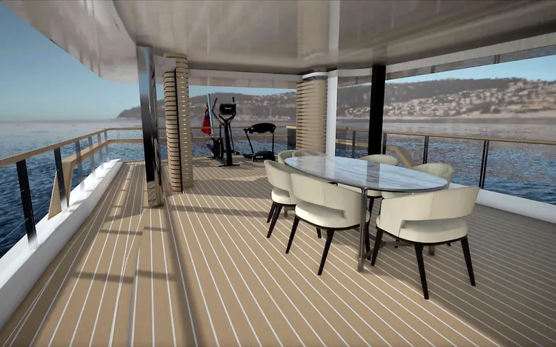 Project Abacos Yacht Photos Pics Luxury yacht deck with dining area and exercise equipment, Custom PROJECT ABACOS 2025.