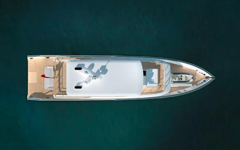 Project Abacos Yacht Photos Pics Top view of Custom PROJECT ABACOS yacht, 2025 model, on calm blue water.