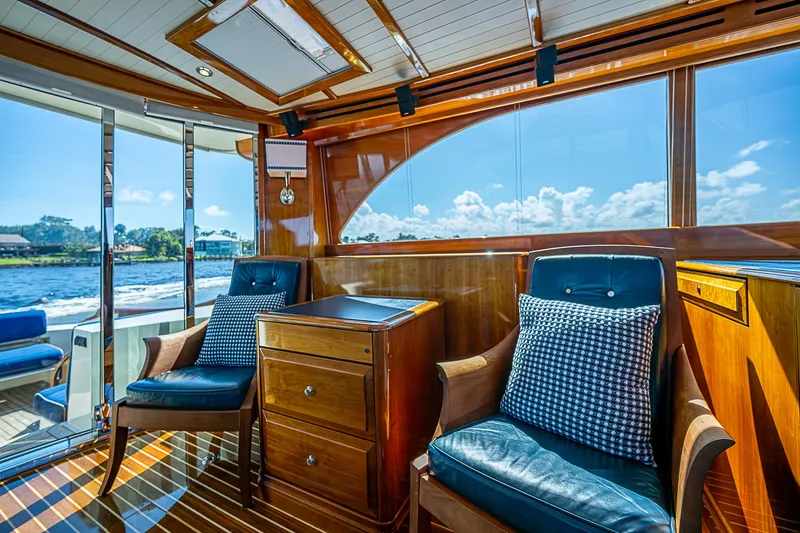 Hooligan VI Yacht Photos Pics Luxurious 2005 Hinckley Talaria 55 MY yacht interior with elegant seating and wood finish.