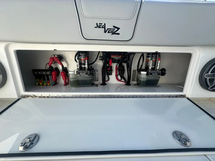  Yacht Photos Pics 2024 SeaVee 322z boat electrical compartment with wiring and components.