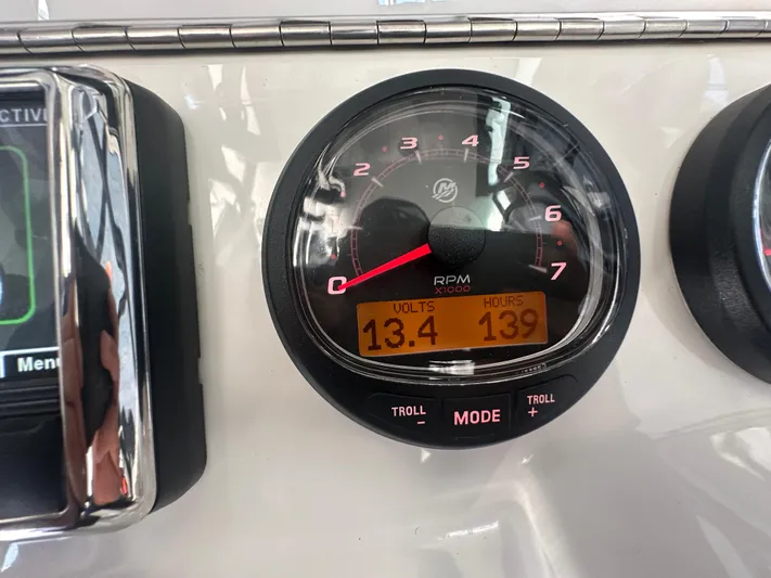  Yacht Photos Pics 2024 SeaVee 322z boat gauge displaying RPM, volts, and hours.