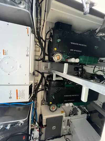 Prestige F4.9 Yacht Photos Pics Engine room of a 2025 Prestige F4 yacht with Volvo Penta engines.