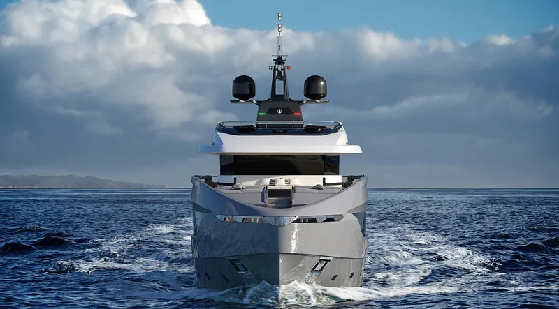 Doge 350 Yacht Photos Pics Front view of 2027 Ocean King Doge 350 yacht cruising on open sea.