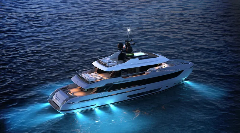 Doge 350 Yacht Photos Pics Luxurious Ocean King Doge 350 yacht, 2027 model, illuminated on serene ocean waters at night.