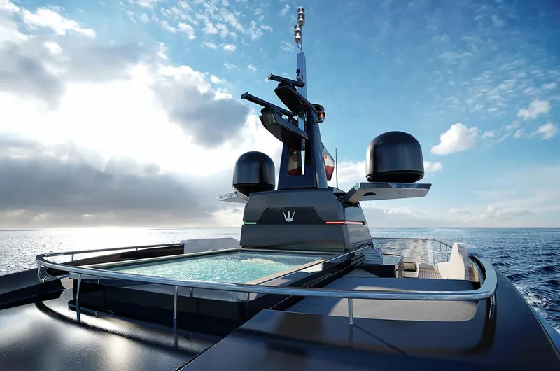 Doge 350 Yacht Photos Pics Luxurious Ocean King Doge 350 yacht with pool, 2027 model, cruising under a clear sky.