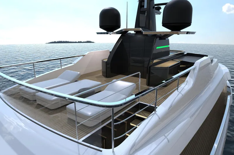 Doge 350 Yacht Photos Pics Luxurious Ocean King Doge 350 yacht deck with sun loungers, 2027 model, on serene ocean.