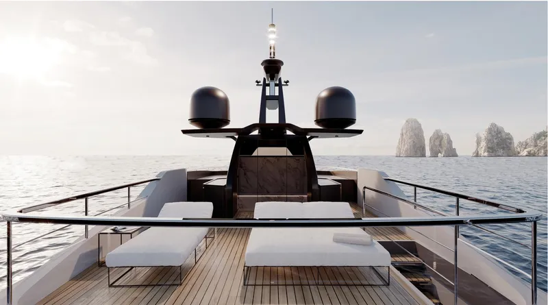 Doge 350 Yacht Photos Pics Luxurious Ocean King Doge 350 yacht deck, 2027 model, with sun loungers and ocean view.