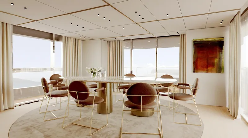 Doge 350 Yacht Photos Pics Luxurious dining area on Ocean King Doge 350 yacht, featuring elegant decor and panoramic windows.