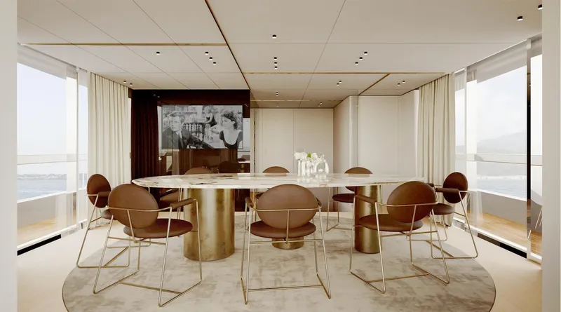 Doge 350 Yacht Photos Pics Luxurious dining area on Ocean King Doge 350 yacht, 2027 model, featuring elegant decor and modern furnishings.