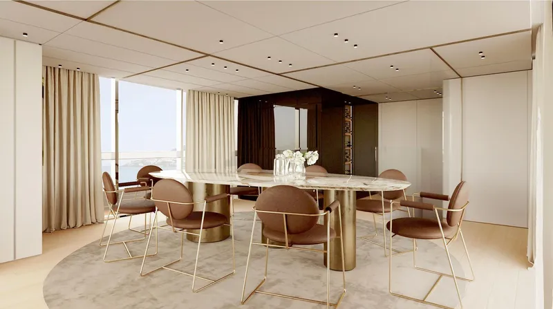 Doge 350 Yacht Photos Pics Luxurious dining area on Ocean King Doge 350 yacht, 2027 model, featuring elegant decor and seating.