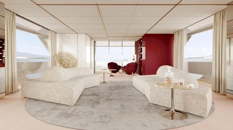 Doge 350 Yacht Photos Pics Luxurious interior of Ocean King Doge 350 yacht, 2027 model, featuring modern seating and elegant decor.