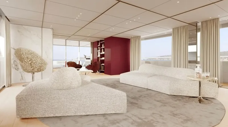 Doge 350 Yacht Photos Pics Luxurious yacht interior with modern design, featuring plush seating and panoramic ocean views.