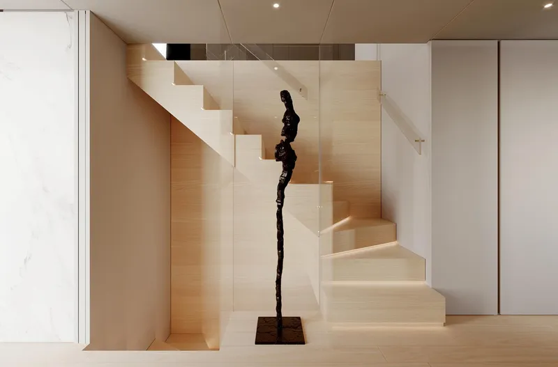 Doge 350 Yacht Photos Pics Modern staircase with abstract sculpture, minimalist design, Ocean King Doge 350, 2027.