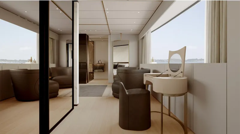 Doge 350 Yacht Photos Pics Luxurious interior of Ocean King Doge 350 yacht, 2027 model, featuring elegant seating and vanity.