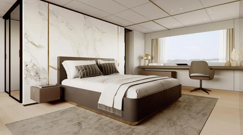 Doge 350 Yacht Photos Pics Luxurious bedroom on Ocean King Doge 350 yacht, featuring modern decor and large window view.