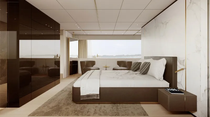Doge 350 Yacht Photos Pics Luxurious bedroom interior on Ocean King Doge 350 yacht, 2027 model, featuring modern design and elegant furnishings.