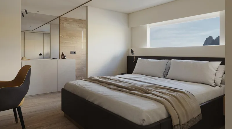 Doge 350 Yacht Photos Pics Modern bedroom interior on Ocean King Doge 350 yacht, 2027 model, featuring minimalist design and natural light.