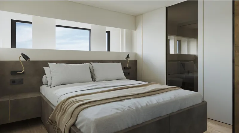 Doge 350 Yacht Photos Pics Modern bedroom interior in Ocean King Doge 350 yacht, 2027 model, featuring sleek design and neutral tones.