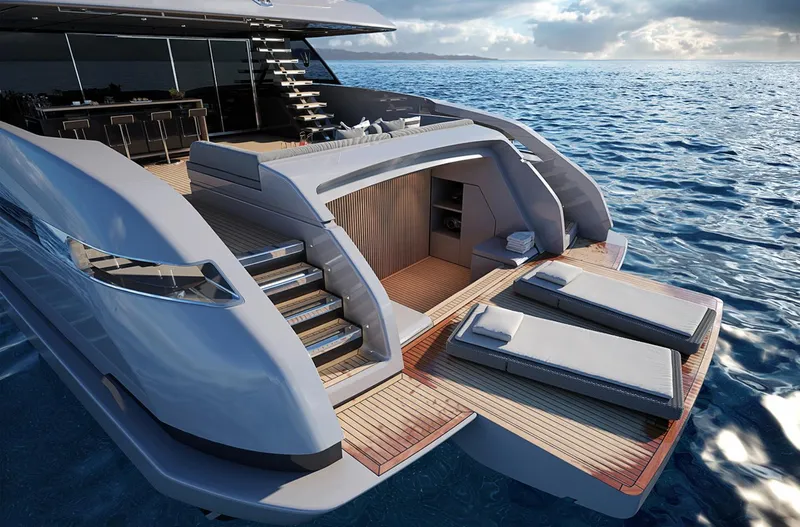 Doge 350 Yacht Photos Pics Luxurious Ocean King Doge 350 yacht, 2027 model, featuring elegant deck and sun loungers.