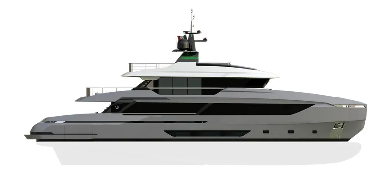 Doge 350 Yacht Photos Pics Modern Ocean King Doge 350 yacht, 2027 model, sleek design, side view, white background.