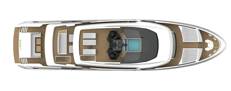 Doge 350 Yacht Photos Pics Top view of 2027 Ocean King Doge 350 yacht, showcasing sleek design and spacious deck layout.