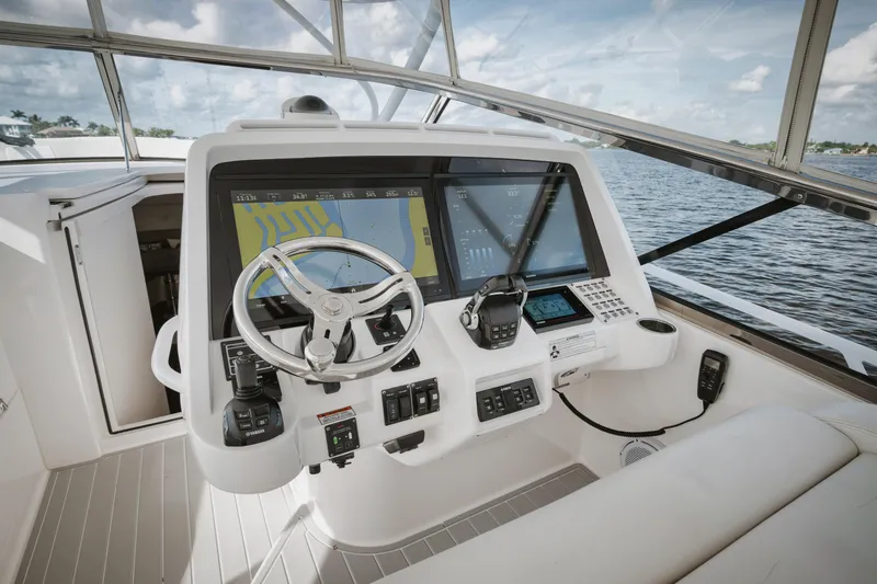 Yacht Photos Pics 2018 Intrepid 475 Sport Yacht helm with advanced navigation systems and sleek design.
