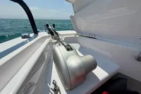 2020 Axopar 37 Cross Cabin boat anchor storage area with ocean view.