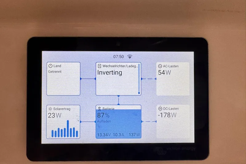 Searenity Yacht Photos Pics Touchscreen display showing energy management on a 2005 Fountaine Pajot LAVEZZI 40 catamaran.