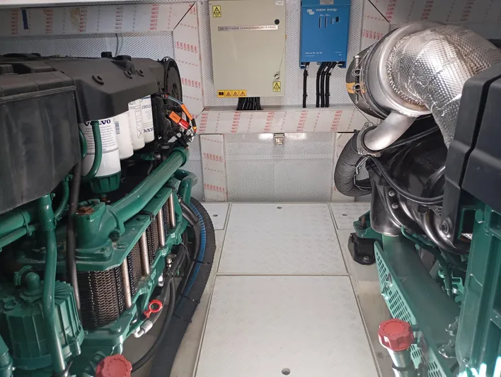  Yacht Photos Pics Engine room of a 2016 Alen 55 yacht with dual Volvo engines.