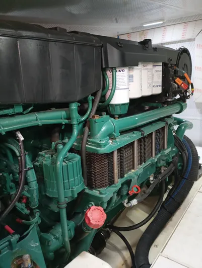  Yacht Photos Pics Engine compartment of a 2016 Alen 55, featuring a Volvo marine engine.