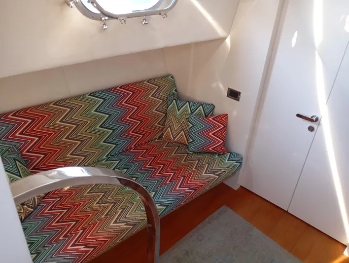  Yacht Photos Pics Colorful zigzag-patterned sofa in Alen 55 yacht interior, 2016 model.