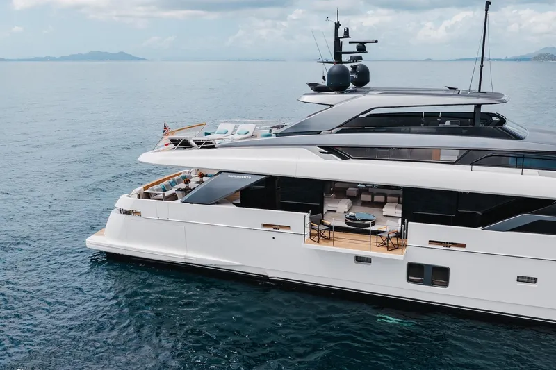 Ambar Yacht Photos Pics Luxurious 2020 Sanlorenzo SLA120A yacht cruising on calm ocean waters.