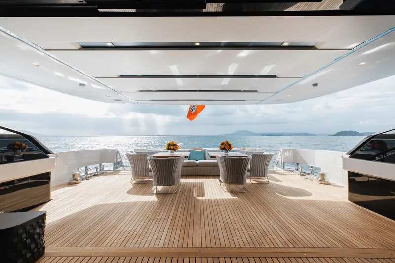 Ambar Yacht Photos Pics Luxurious Sanlorenzo SLA120A yacht deck with elegant seating, ocean view, and modern design, 2020 model.