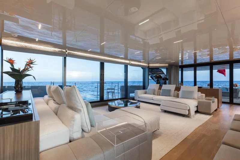 Ambar Yacht Photos Pics Luxurious Sanlorenzo SLA120A yacht interior with ocean view, modern furnishings, and elegant decor, 2020 model.